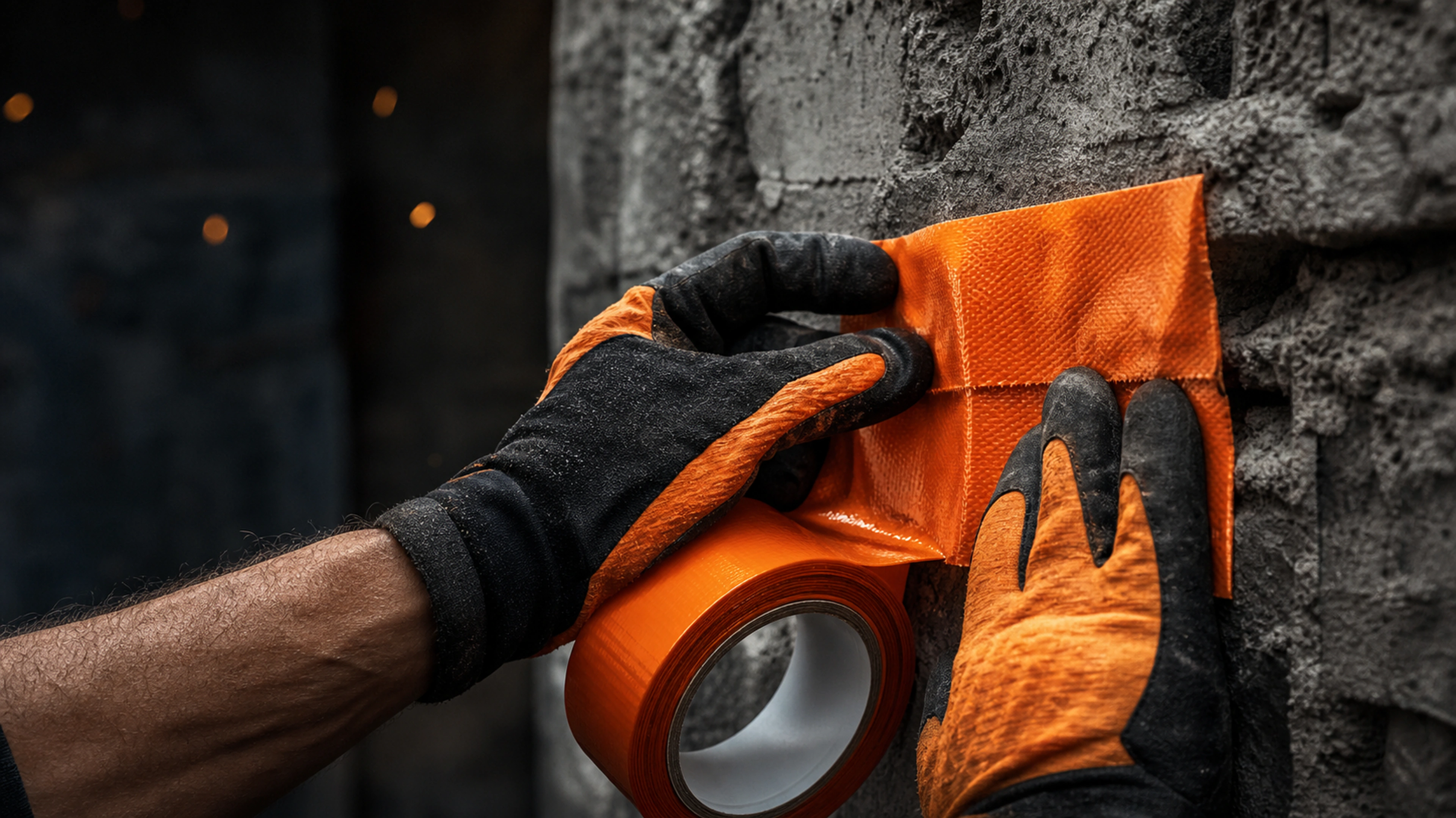 Orange PE-backed construction tape applied to a rough compatible surface